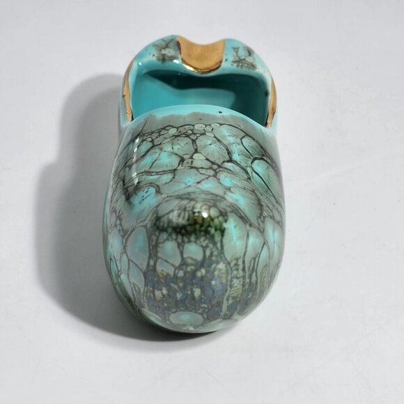 Vintage Dutch Ceramic Clog Shoe Turquoise and Gold Hand Painted Made in Holland - Picture 4 of 8